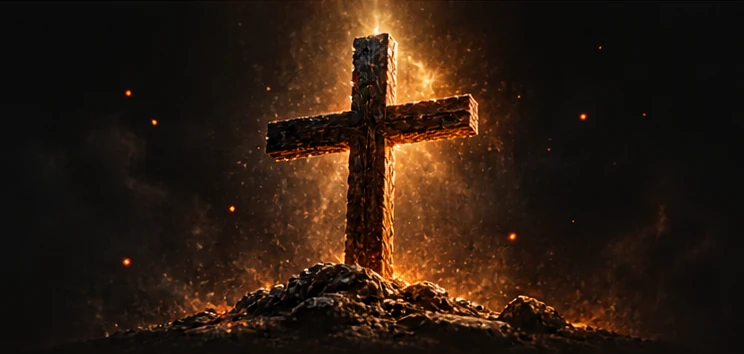 A weathered wooden cross illuminated by warm firelight